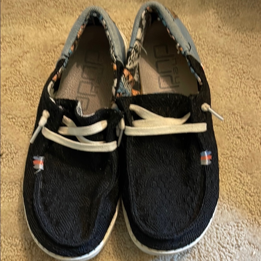 Hey Dude Black and blue denim back with White bottoms, sz 7 Casual Slip-On
